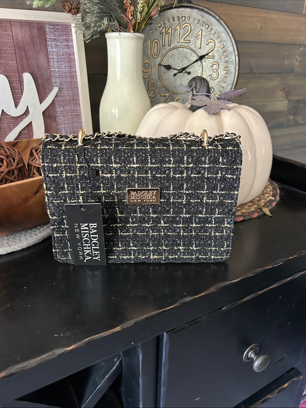 Badgley Mischka Black Tweed Crossbody with Gold Chain
